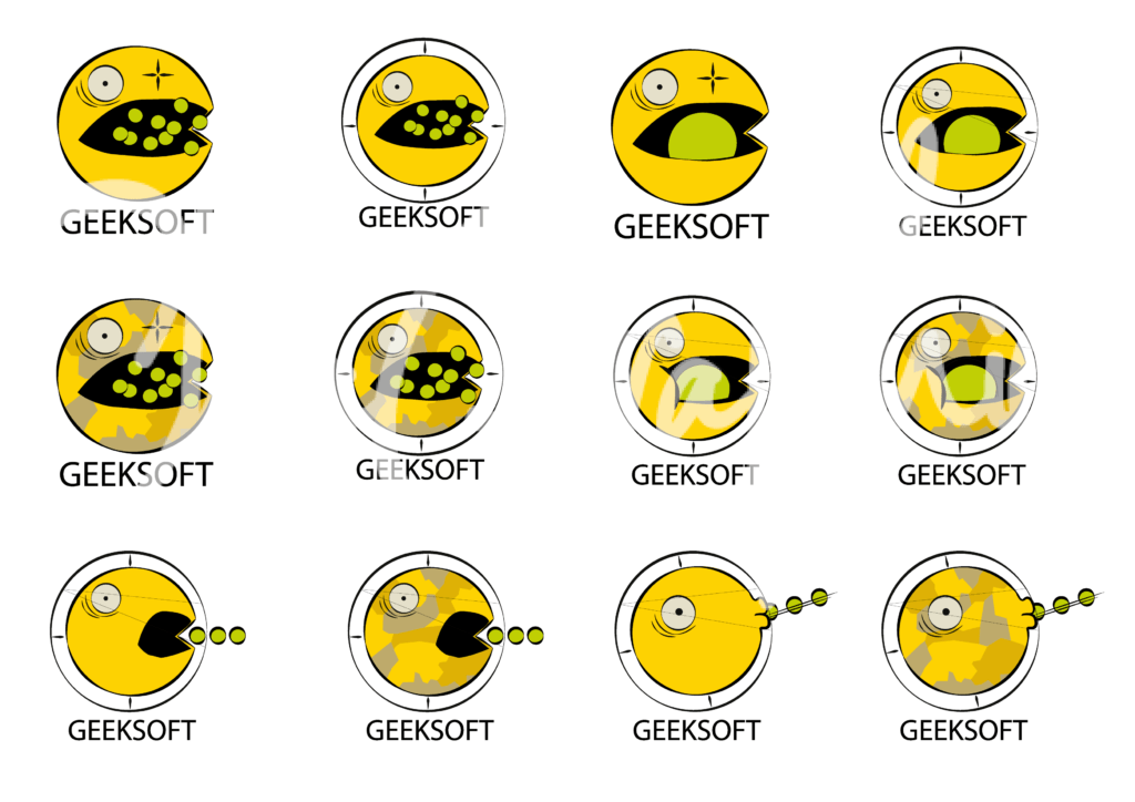 différentes propositions de logo pour  l'association d'airsoft, la geeksoft à bordeaux