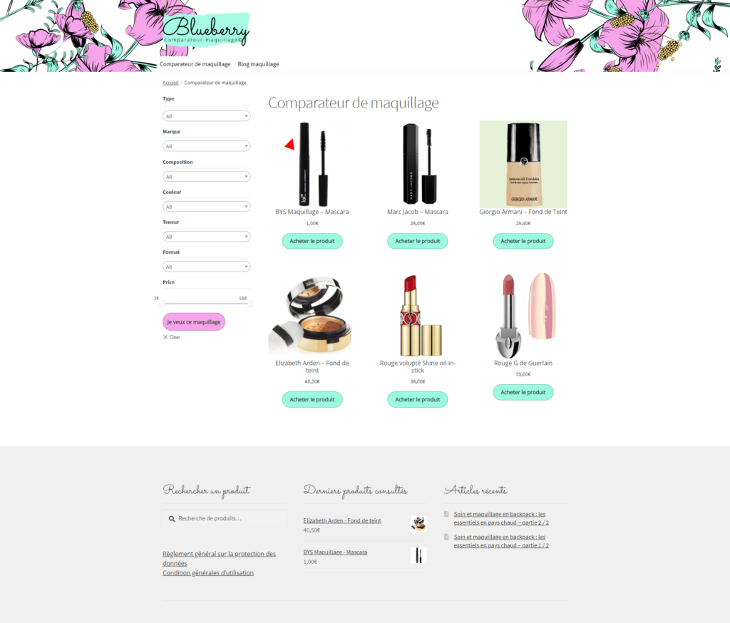 COmparateur de maquillage pour comparer les maquillages, webdesign