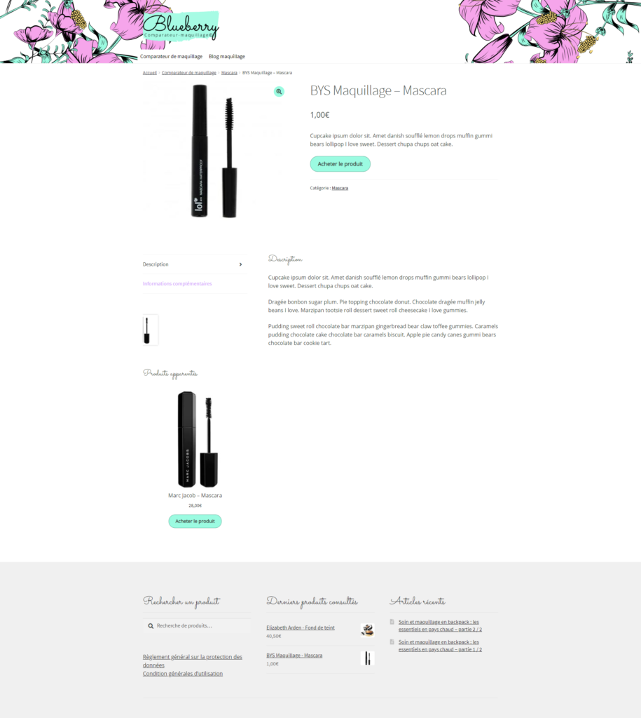 Fiche produit type de consultation d'un maquillage de comparateur de mquille en webdesign